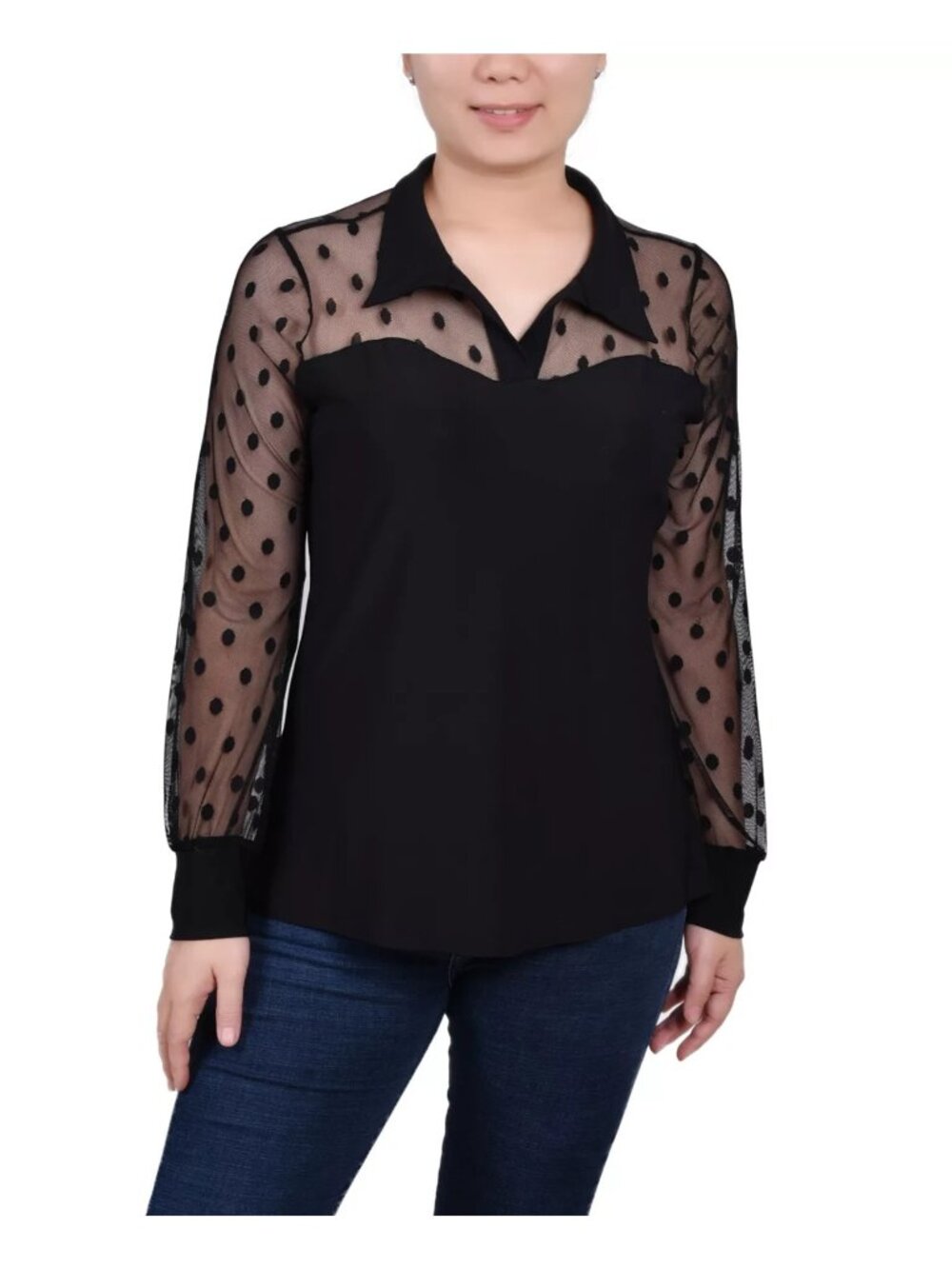 NY Collection Petite Mesh Sleeve Top Black Polyester Size PL